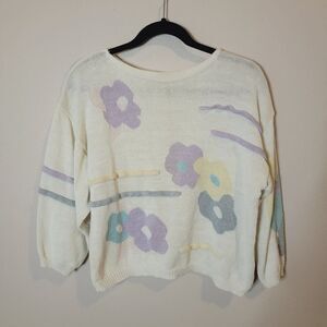 Vintage handmade Ivory and Pastel purple and yellow flowers 3/4 sleeves Sweater